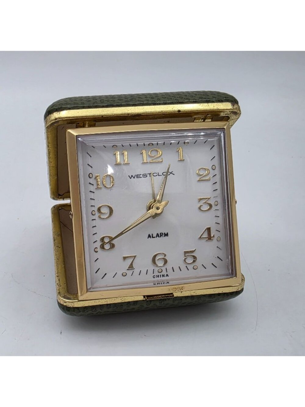 Vintage Westclox Green Travel Alarm Clock With Gold Accents & Faux Lizard Case